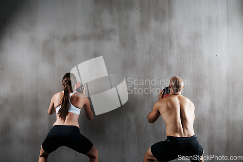 Image of Training, wall and people throw medicine ball for fitness strength, bodybuilding development or gym exercise challenge. Muscular, mockup and back of strong team doing bodybuilder workout for power