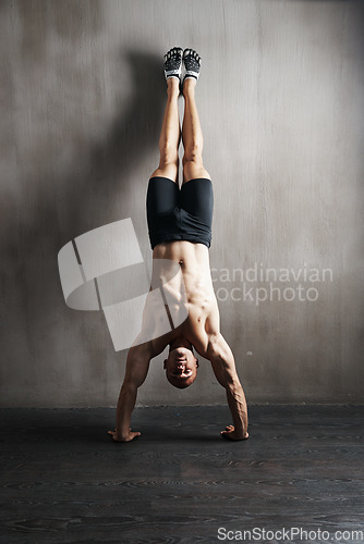 Image of Fitness body, wall and man doing handstand for muscle workout, balance focus or health club exercise. Gym training, hand stand and strong person, athlete or sportsman doing push up challenge
