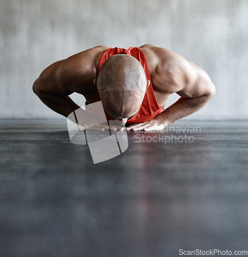 Image of Workout, endurance and man doing floor push up for strength exercise, health lifestyle or muscle development. Ground mockup, fitness training or strong male athlete training, exercising or practicing