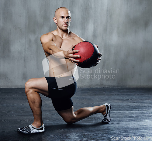 Image of Exercise ball, gym or serious man doing fitness workout for body health, core muscle building and strength performance. Focus, training motivation or athlete person with medicine balls for exercising