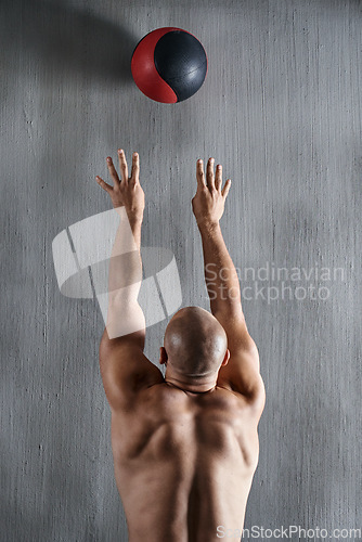 Image of Fitness, wall and man throw medicine ball strength workout, bodybuilding development or gym exercise challenge. Muscle, strong and back of male sports athlete doing bodybuilder training for power