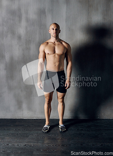 Image of Muscle workout, body and portrait man confident with determined mindset, gym commitment or discipline. Muscular sports athlete, bodybuilder focus and dedicated fitness person on gray wall background