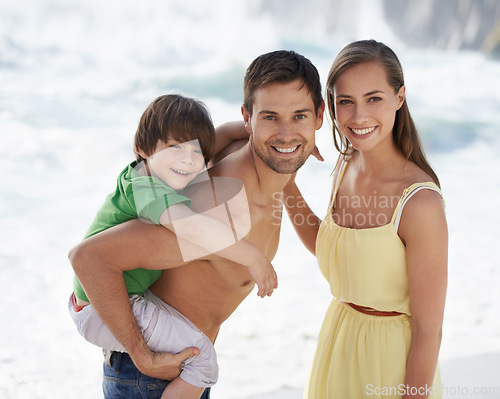 Image of Family, child and happy portrait at beach on travel holiday in summer with a smile and piggy back fun. A man, woman and kid or son playing together on vacation at sea with love, care and happiness