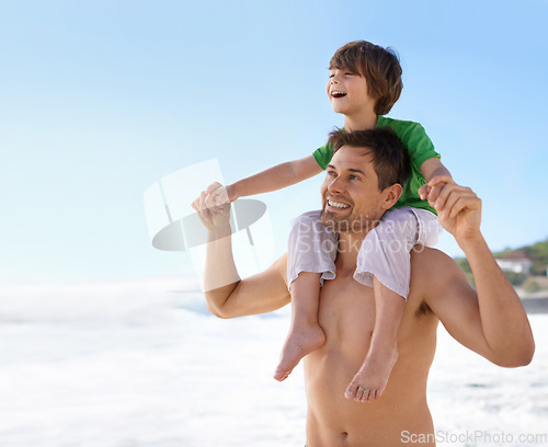 Image of Family, father and child at beach for summer travel or holiday with a smile for blue sky and space. A man and kid playing together outdoor on vacation at sea while holding hands, happy and excited