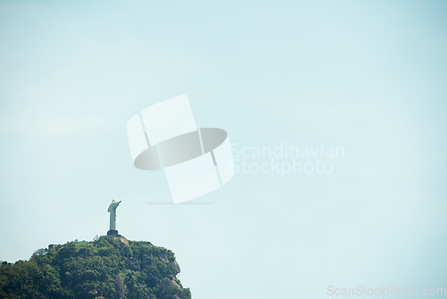 Image of Brazil, statue and Christ the Redeemer on sky background for tourism, sightseeing and global destination. Travel mockup, Rio de Janeiro and drone view of monument, sculpture and landmark on mountain