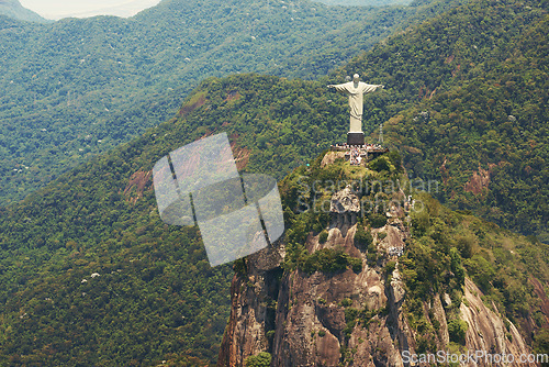 Image of Brazil, landscape and aerial of Christ the Redeemer on hill for tourism, sightseeing and travel destination. Traveling, Rio de Janeiro and drone view of statue, sculpture and landmark on mountain