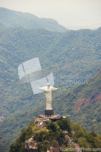 Image of Travel, monument and Christ the Redeemer in Rio on hill for tourism, sightseeing and global destination. Traveling, architecture and drone view of statue, sculpture and Brazil landmark on mountain