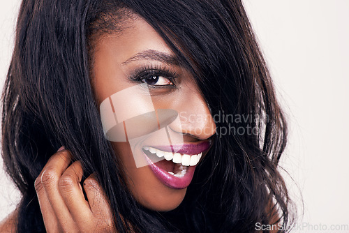 Image of Smile, portrait and black woman in studio for hair, treatment and cosmetics against white background. Haircare, extensions and face of African female model pose with weave, wig and beauty results