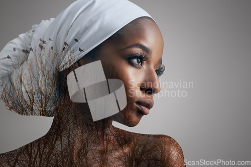 Image of Natural, beauty and profile of black woman in double exposure at studio with cosmetics mockup. Abstract, art and overlay with face of female model isolated on gray background for nature and trees