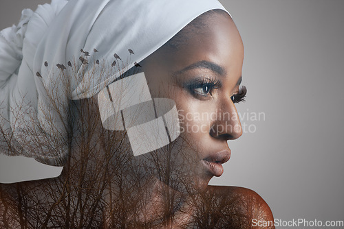 Image of Beauty, double exposure and profile of black woman in studio for culture, mockup and cosmetics. Abstract, art and creative with face of female model isolated on gray background for nature and trees