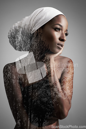 Image of Headscarf, beauty and double exposure on black woman in studio for culture, mockup and cosmetics. Abstract, art and creative with face of female model isolated on gray background for nature and trees