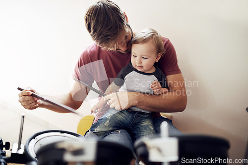 Image of Father, baby and child drum lesson with music development and learning. Home, dad and papa bonding with youth smile and instrument together with kids teaching, love and parent care at a family house