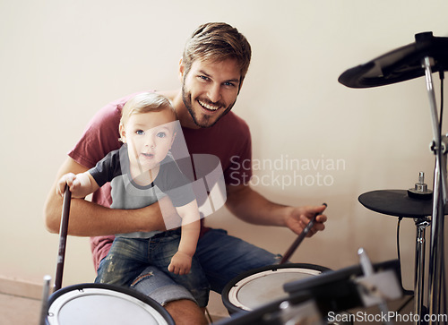 Image of Cool father, baby portrait and drummer musician with music development and child learning. Home, happiness and kid with youth drumming lesson with a smile, love and parent care at a family house