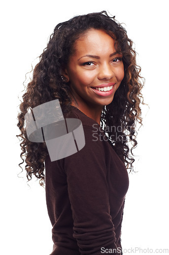 Image of African teen, happy girl and portrait with confidence in studio with casual fashion and beauty. White background, young face and female person with teenager and gen z style with pride and smile