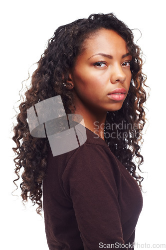 Image of African teen, girl and portrait with confidence in studio with casual fashion and cosmetics. White background, young face and female person with teenager and gen z style with pride and makeup