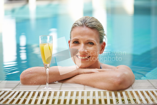 Image of Swimming pool, happy and portrait of woman with juice relax on holiday, summer vacation and getaway. Travel, luxury spa resort and rich mature female person with drink for happiness, smile and peace