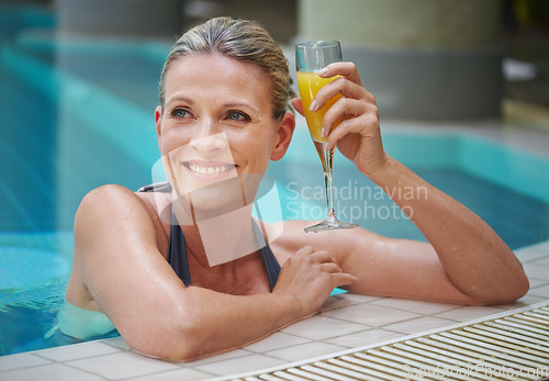 Image of Swimming pool, holiday and woman with juice relax on break, summer vacation and weekend in water. Travel, luxury spa resort and happy female person with orange drink for happiness, relaxing and peace