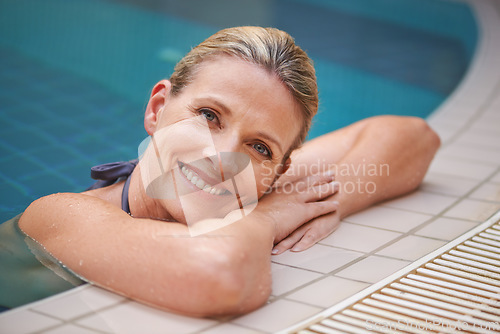 Image of Swimming pool, happy and portrait of woman relax on holiday, summer vacation and weekend getaway. Travel, luxury spa resort and female person smile in water for happiness, wellness and peace outdoors