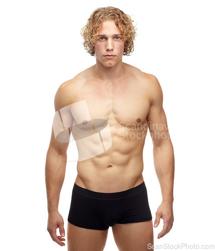 Image of Muscle, portrait and man with fitness, strong and confident guy isolated against white studio background. Face, male person or model with wellness. sexy and bodybuilder with healthy lifestyle and abs