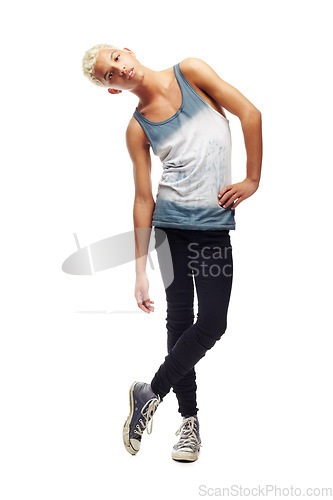 Image of Young teenager, studio or portrait with attitude, fashion and gen z aesthetic or confident by white background. Isolated guy, model or teen with trendy clothes, lifestyle or youth culture by backdrop