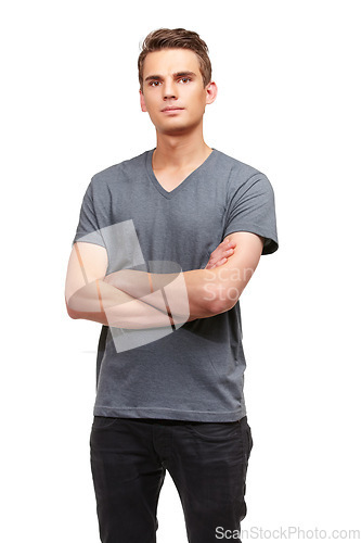 Image of Fashion, crossed arms and serious portrait of man with confidence, attractive and pride on white background. Studio, confident and face of isolated handsome male person with trendy casual clothes