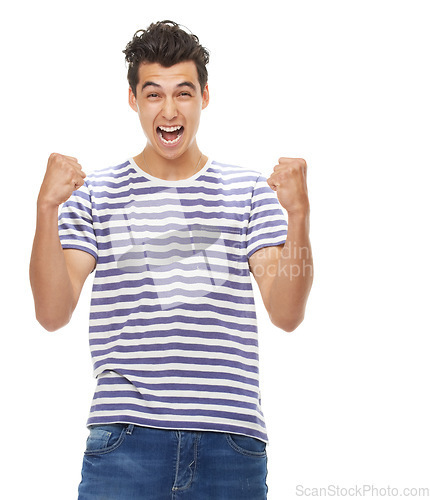 Image of Man, studio portrait and fist celebration with fashion, gen z aesthetic and winner with scream by white background. Isolated guy, model and excited with trendy clothes, goals and winning by backdrop