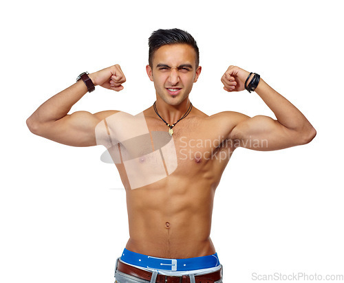 Image of Man, studio portrait and shirtless with flex, jeans and muscle for fitness, health or wellness by white background. Isolated guy, young bodybuilder or model with arms, strong body and healthy mindset