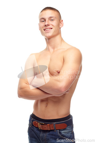 Image of Muscle, portrait and man with arms crossed, strong and healthy guy isolated against a white studio background. Face, male person and model with confidence, wellness and bodybuilder with motivation
