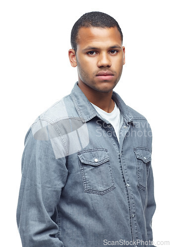 Image of African man, denim and fashion for portrait in a studio with designer and hipster clothing. White background, male person and young stylish model with cool confidence and pride with gen z shirt