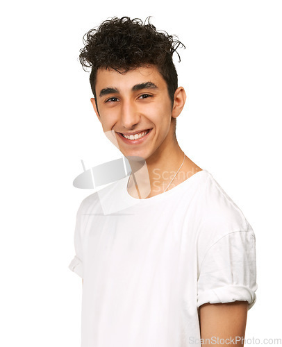 Image of Fashion, smile and portrait of young man in studio with confidence, attractive and pride on white background. Happy, confident and face of isolated handsome male person with trendy casual clothes