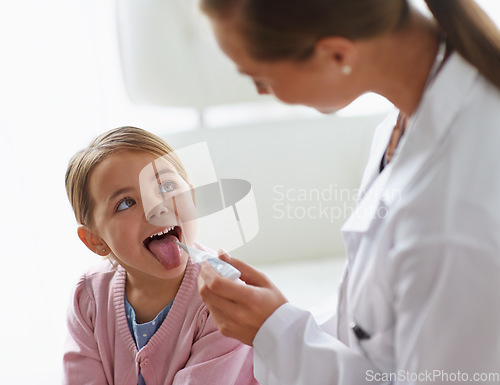 Image of Kid, doctor and thermometer in mouth for medical risk, assessment and check infection. Pediatrician, happy girl and testing temperature of children for fever, virus or healthcare consulting in clinic