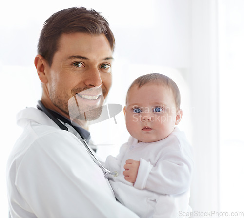 Image of Portrait of happy man, pediatrician and baby for medical assessment, growth support and healthcare of children. Newborn kids, doctor and smile in clinic, hospital and consulting service in pediatrics