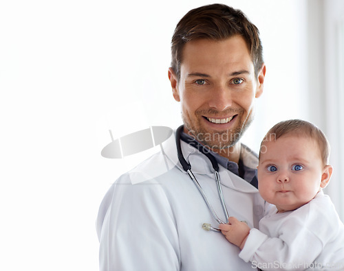 Image of Portrait, man and pediatrician smile with baby on mockup of medical assessment, support and healthcare of children. Cute newborn, happy doctor and trust in pediatrics clinic, kids hospital and growth