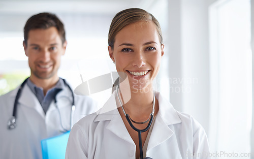 Image of Portrait of happy woman, doctors and leadership in hospital, healthcare management and clinic services. Expert medical employees, team and smile for collaboration of trust, wellness support and pride