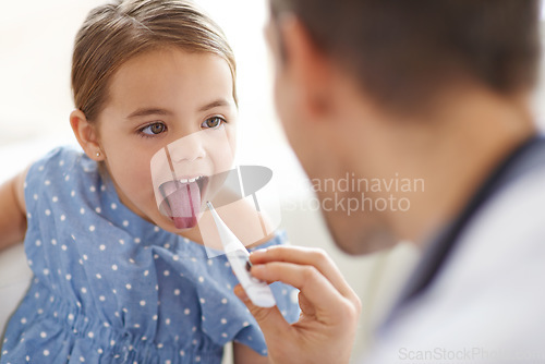 Image of Girl kid, doctor and thermometer in hospital for medical risk, covid infection and fever. Pediatrician, sick child and mouth open for testing temperature, flu virus and healthcare service in clinic