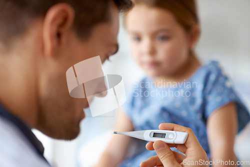 Image of Doctor, thermometer and closeup for temperature of children, medical risk and sick infection. Pediatrician, medicine results and tools for testing fever, virus or healthcare consulting in kids clinic