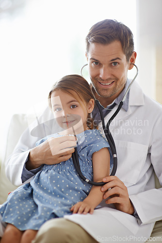 Image of Portrait, child and stethoscope of pediatrician for healthcare consulting, check lungs and listening to heartbeat. Man, doctor and chest assessment of girl kid in clinic, hospital or medical analysis