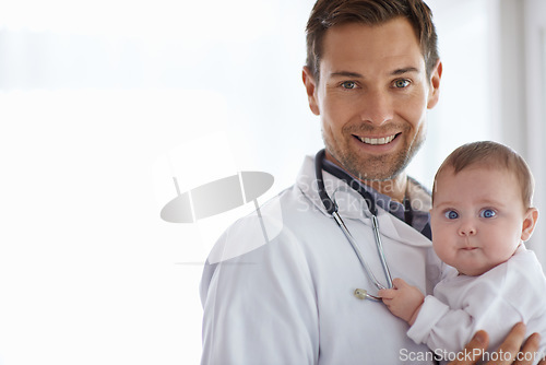 Image of Portrait, happy man and pediatrician with baby on mockup for medical assessment, support and healthcare of children. Newborn kids, doctor and smile in pediatrics clinic, hospital and trust in service