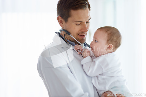 Image of Man, pediatrician and baby playing with stethoscope for medical assessment, support or healthcare of children. Cute newborn, doctor and pediatrics in clinic, kids hospital and trust of expert mockup