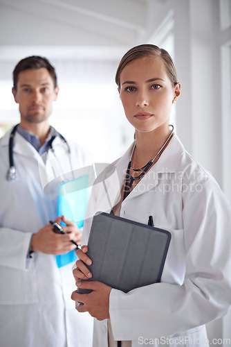 Image of Portrait of serious woman, doctors and team in hospital, healthcare management and clinic services. Expert medical employees, leadership and professional collaboration for trust, support and pride