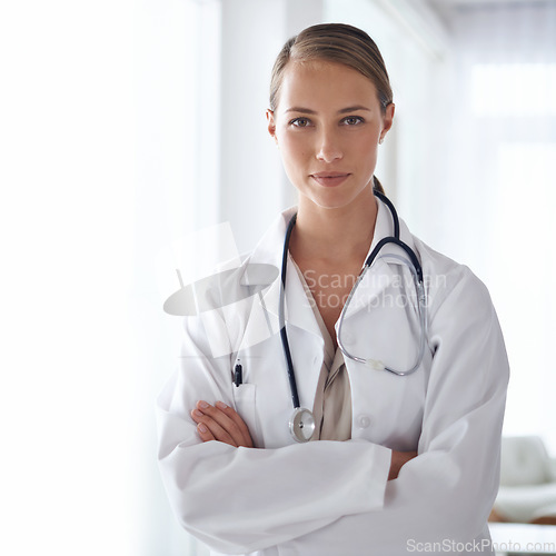 Image of Portrait of woman, arms crossed and doctor of clinic, healthcare management and hospital services. Confident female employee, professional therapist and medical worker with integrity, trust or mockup