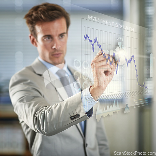 Image of Hologram, business and man with charts futuristic and digital planning with software or brainstorming with growth. Male agent, employee or entrepreneur with data analytics, investment and holographic