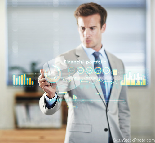 Image of Financial portfolio, graphic and man planning, investment and innovation at a workplace. Male accountant, employee and worker with holographic charts, budget and hologram graphs of futuristic growth