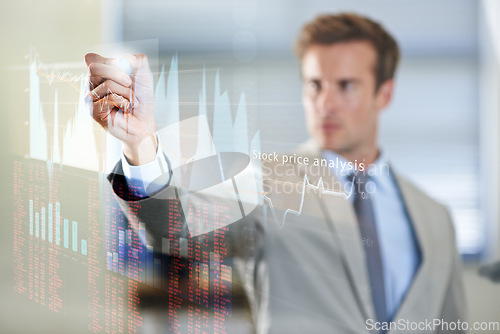 Image of Hologram, corporate and man with analysis, stock market and investment with graphs, charts and budget. Male person, accountant and investor with development, holographic and trading for profit growth