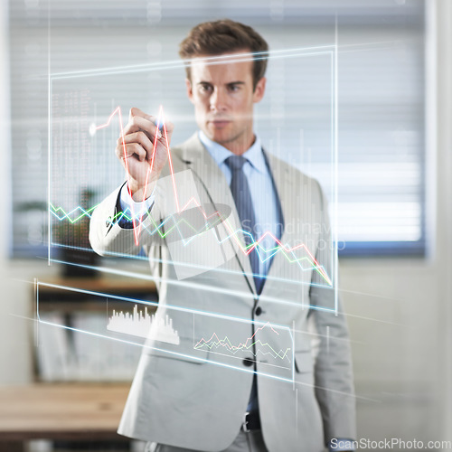 Image of Corporate, hologram and man with graphs, investment and brainstorming for profit growth, planning and software update. Male person, accountant or employee with ideas, financial worker and holographic
