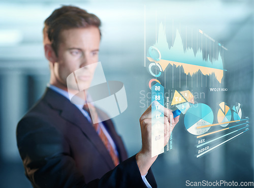 Image of Charts, future and man with hologram, digital interface and check investment for growth and planning. Male person, accountant and employee with graphs, innovation and planning for futuristic finances