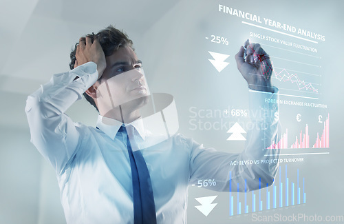 Image of Business man, thinking and stock market on holographic interface with headache, stress or financial crisis. Entrepreneur, businessman or worry with 3d hologram graph, finance and investment problem