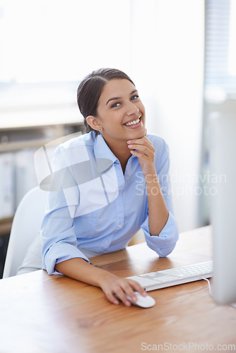 Image of Computer, portrait and business woman happy with online career for professional company, project and job management. Young corporate person working on desktop pc, mouse technology and smile on face