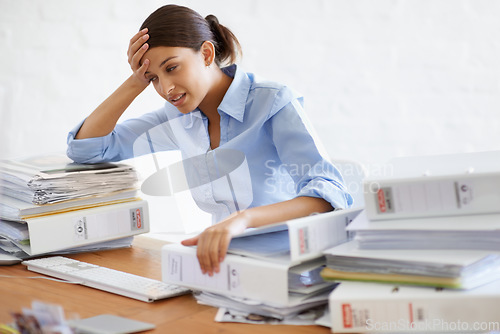 Image of Paperwork, businesswoman and workload stress from office, documents and company employee, tired and work burnout. Secretary, headache and desk full of business files, corporate reports and admin