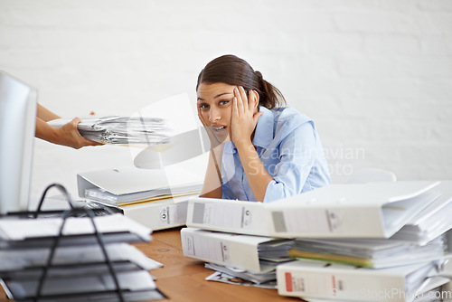 Image of Secretary, paperwork and workload stress from office, documents and company employee, tired and work burnout. Businesswoman, frustrated and desk full of business files, corporate reports and admin